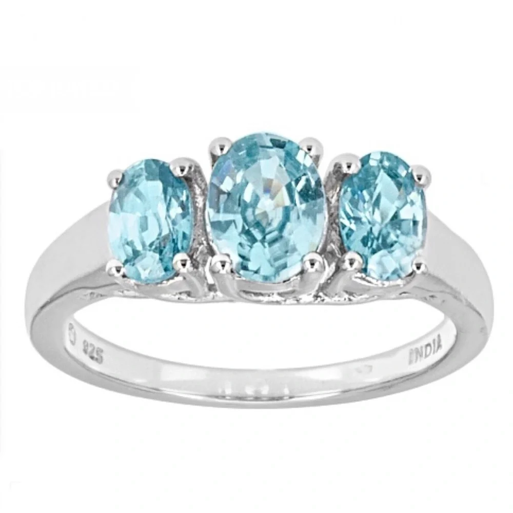 Blue Cambodian Zircon Ring Size 6 Three Stone Rhodium Over Sterling Silver